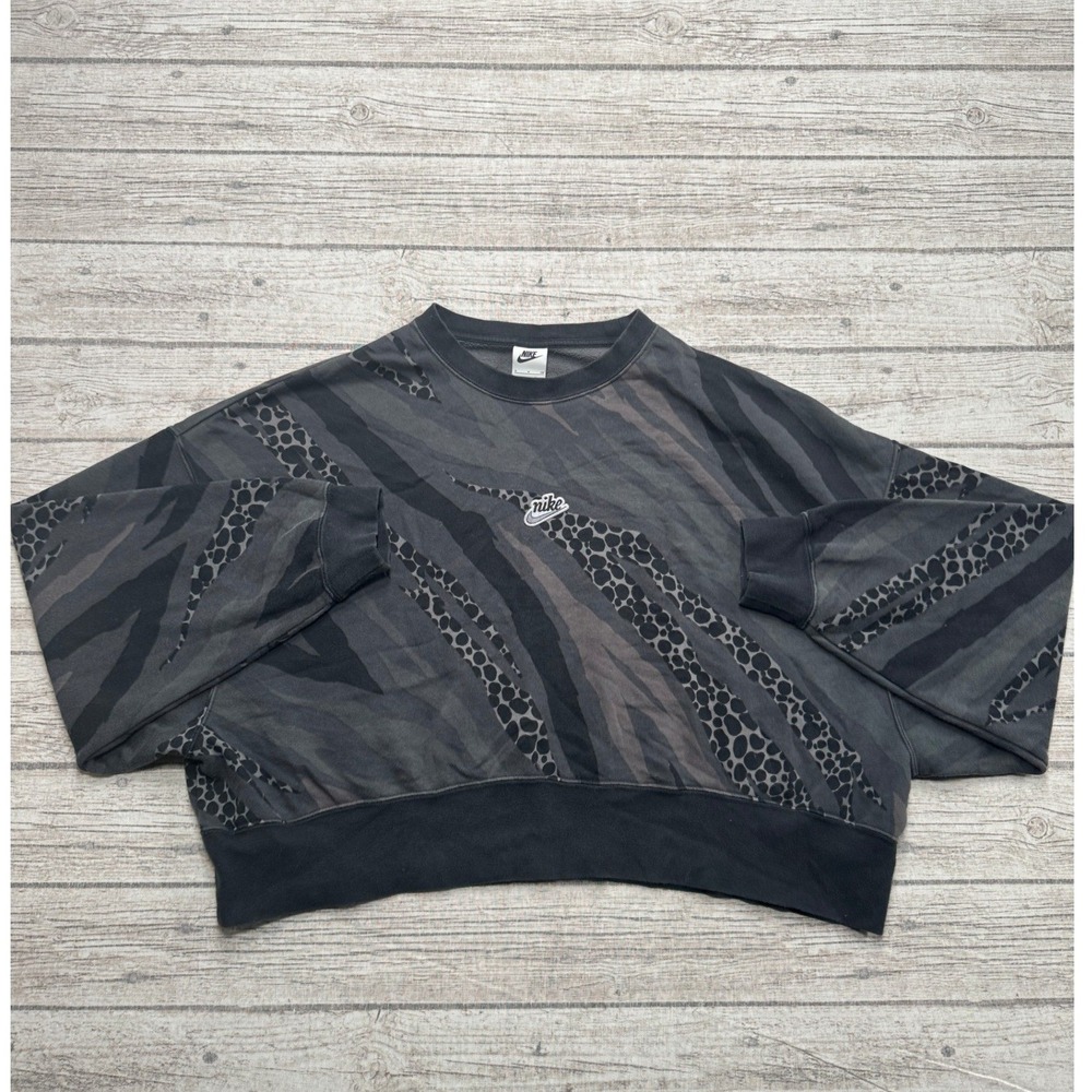 Nike Sweatshirt Women's Small Black Swoosh Boxy Fit Cropped Oversized Pullover